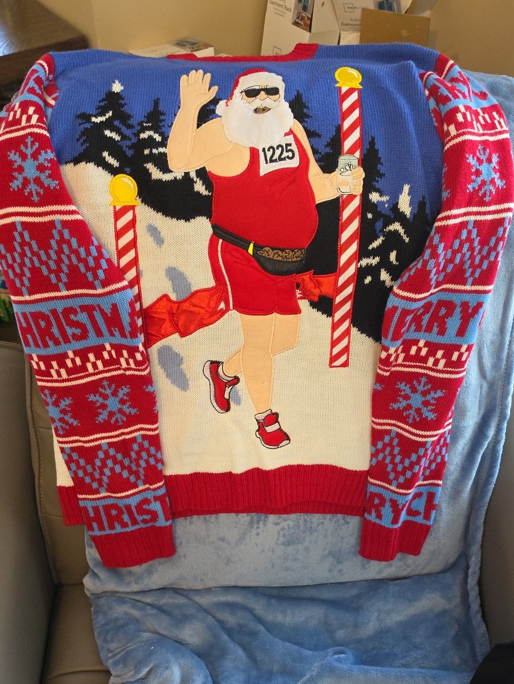 Men's Ugly Sweater Red & Blue Holiday Crewneck with Santa Runner
